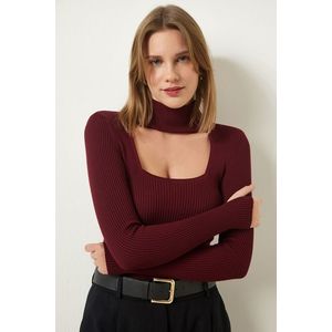 Happiness İstanbul Burgundy Cut Out Detailed High Neck Ribbed Knitwear Sweater obraz