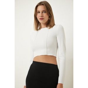 Happiness İstanbul White Ribbed Ribbed Crop Blouse obraz