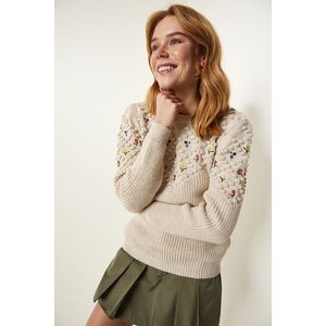 Happiness İstanbul Cream Floral Embroidered Textured Knitwear Sweater obraz