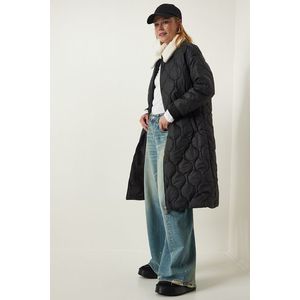 Happiness İstanbul Black Fur Collar Quilted Coat obraz