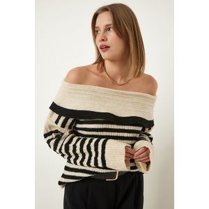 Happiness İstanbul Women's Beige Madonna Collar Striped Knitwear Sweater obraz