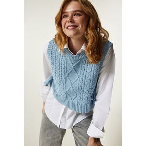 Happiness İstanbul Women's Sky Blue Motif Tie Crop Knitwear Sweater obraz