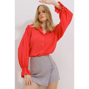 Trend Alaçatı Stili Women's Fuchsia Flounce Sleeves Viscon Woven Shirt obraz