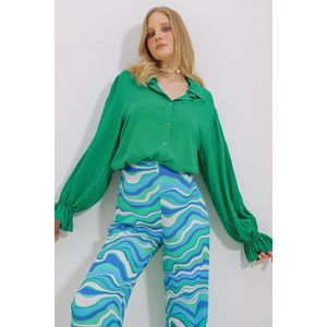Trend Alaçatı Stili Women's Green Flounce Sleeve Viscon Woven Shirt obraz
