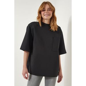 Happiness İstanbul Women's Black Back Zipper Detail Knitted Scuba T-Shirt obraz