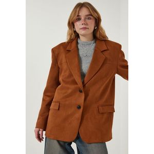 Happiness İstanbul Women's Tan Premium Suede Blazer Jacket obraz