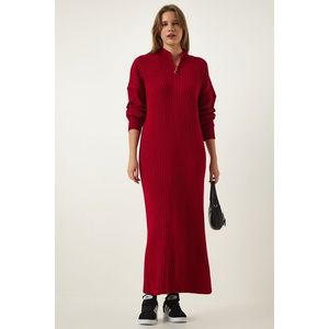 Happiness İstanbul Women's Red Zipper Collar Ribbed Long Knitwear Dress obraz