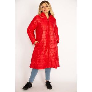 Şans Women's Plus Size Red Quilted Puff Coat With Zipper And Pockets obraz