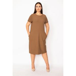 Şans Women's Plus Size Brown and Milky Striped Dress with Pocket obraz