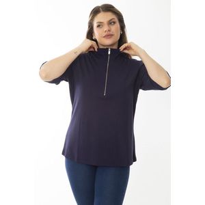 Şans Women's Plus Size Navy Blue Paw Zipper Short Sleeve Sweatshirt obraz