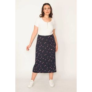 Şans Women's Plus Size Navy Blue Elastic Waist Patterned Skirt obraz