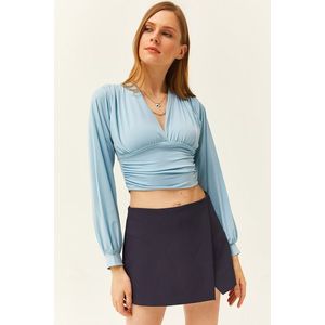 Olalook Women's Baby Blue Deep-Collected Crop Top with Band Waist obraz