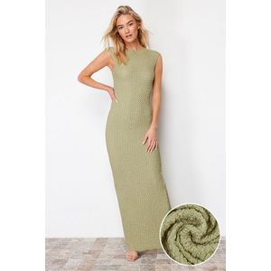 Trendyol Khaki Textured Fabric Fitted Moon Sleeve Stretchy Knitted Midi Pencil Dress obraz