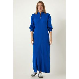 Happiness İstanbul Women's Blue Zipper Collar Ribbed Long Knitwear Dress obraz