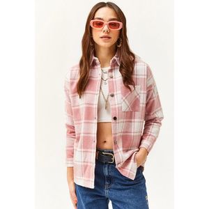 Olalook Women's Ecru Pale Pink Single Pocket Thick Plaid Lumberjack Shirt obraz