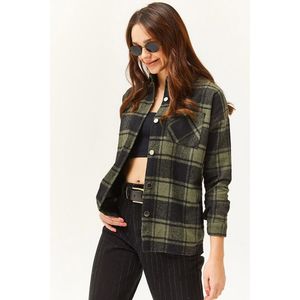 Olalook Women's Khaki Black Single Pocket Thick Plaid Lumberjack Shirt obraz