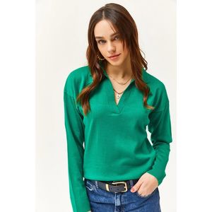 Olalook Women's Emerald Green Polo Neck Fine Knitwear Sweater obraz