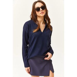 Olalook Women's Navy Blue Polo Neck Fine Knitwear Sweater obraz