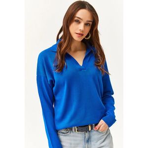 Olalook Women's Saxe Blue Polo Neck Thin Knitwear Sweater obraz