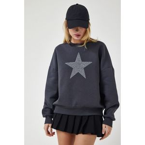 Happiness İstanbul Women's Anthracite Star Embroidered Raised Knitted Sweatshirt obraz