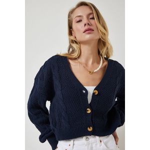 Happiness İstanbul Women's Navy Blue Motif Buttoned Crop Knitwear Cardigan obraz