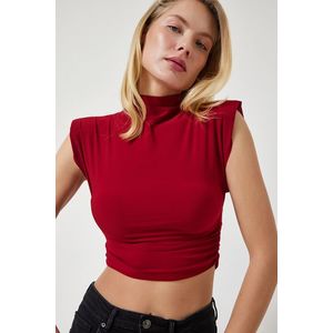 Happiness İstanbul Women's Burgundy High Neck Gathered Crop Knitted Blouse obraz