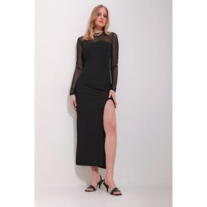 Trend Alaçatı Stili Women's Black Crew Neck Tulle Detailed Slit Midi Length Dress obraz
