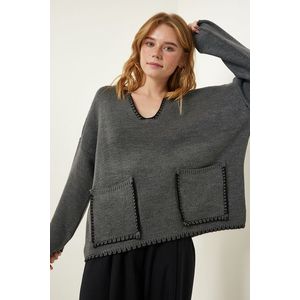 Happiness İstanbul Women's Anthracite Stitch Detailed Pocket Knitwear Sweater obraz