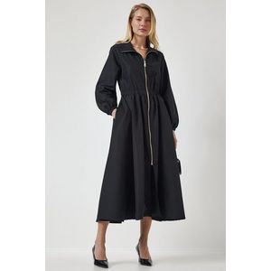 Happiness İstanbul Women's Black Zippered Seasonal Woven Dress Trench Coat obraz