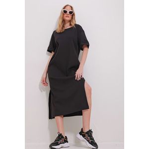 Trend Alaçatı Stili Women's Black Crew Neck Double Sleeve Slit Dress obraz