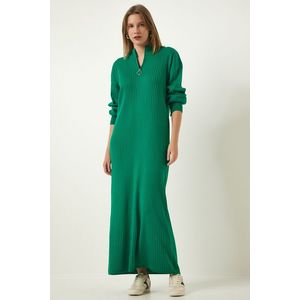 Happiness İstanbul Women's Green Zipper Collar Ribbed Long Knitwear Dress obraz