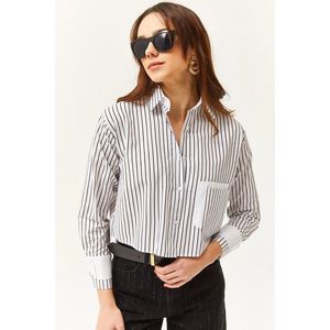 Olalook Women's White Black Pocket and Cuff Detailed Striped Crop Shirt obraz
