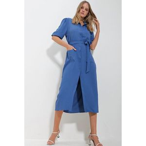 Trend Alaçatı Stili Women's Blue Double Pocket Watermelon Sleeve Aerobin Shirt Dress obraz