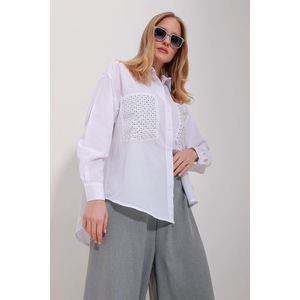 Trend Alaçatı Stili Women's White Double Pocket Trog Embroidered Terrycoton Oversize Shirt obraz