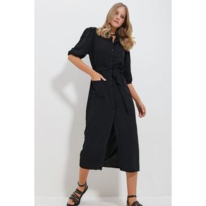 Trend Alaçatı Stili Women's Black Double Pocketed Watermelon Sleeve Aerobin Shirt Dress obraz