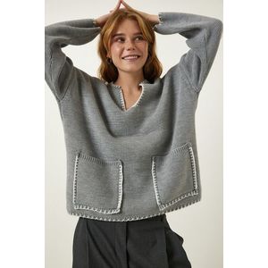 Happiness İstanbul Women's Gray Stitch Detailed Pocket Knitwear Sweater obraz
