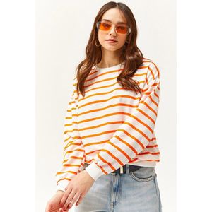 Olalook Women's White Neon Orange Basic Soft Textured Loose Sweatshirt obraz
