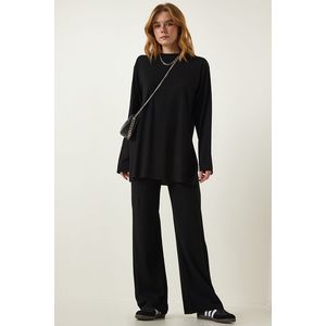 Happiness İstanbul Women's Black Ribbed Knitted Blouse Pants Suit obraz