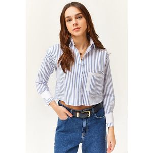 Olalook Women's White Saxe Blue Pocket and Cuff Detail Striped Crop Shirt obraz