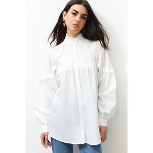 Trendyol Ecru Embroidered Cotton Woven Shirt obraz