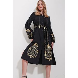 Trend Alaçatı Stili Women's Black Large Collar Belted Double Slit Linen Dress obraz