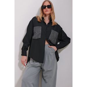 Trend Alaçatı Stili Women's Black Double Pocket Troc Embroidered Terrycotton Oversize Shirt obraz