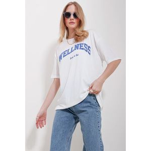 Trend Alaçatı Stili Women's Blue Crew Neck Printed Oversize Cotton T-Shirt obraz