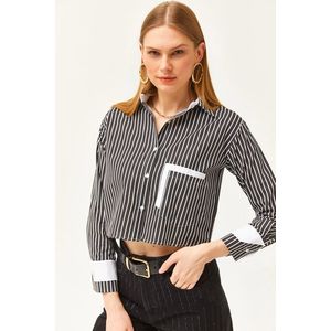 Olalook Women's Black and White Pocket and Cuff Detail Striped Crop Shirt obraz