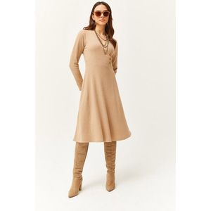 Olalook Women's Camel Button Detailed Double Breasted Midi Bell Dress obraz