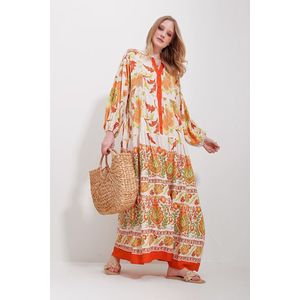 Trend Alaçatı Stili Women's Orange V-Neck Buttoned Patterned Maxi Length Woven Viscose Dress obraz