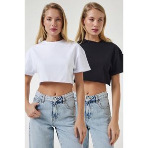 Happiness İstanbul Women's Black and White Crew Neck Basic 2-Pack Crop Knitted T-Shirt obraz