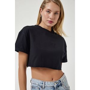 Happiness İstanbul Women's Black Crew Neck Basic Crop Knitted T-Shirt obraz