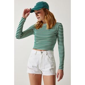 Happiness İstanbul Women's Dark Green Crew Neck Striped Crop Knitted Blouse obraz