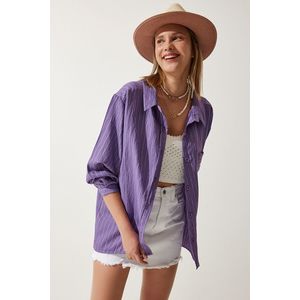 Happiness İstanbul Women's Purple Striped Pocket Viscose Shirt obraz